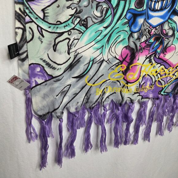 Ed Hardy Y2K Love Kills Slowly Snakes Mermaid Purple Blue Fringe Scarf Wrap NEW - Picture 4 of 7